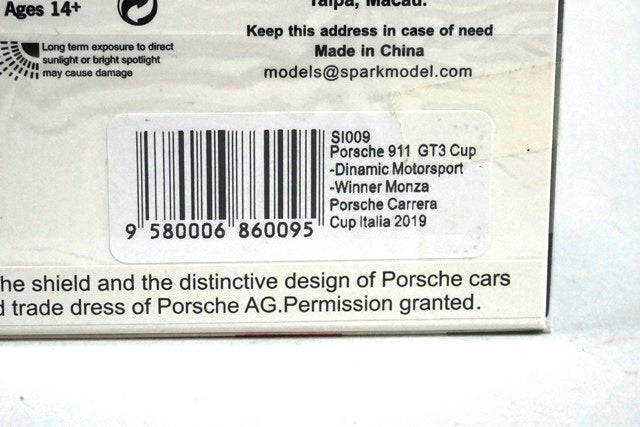 1:43 SPARK SI009 Porsche 911 GT3 Cup Dinamic Motorsport Winner Monza Porsche Carrera Cup Italia 2019 #8