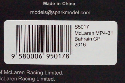 1:43 SPARK S5017 McLaren MP4-31 Bahrain GP 2016 #47 S.Vandoorne