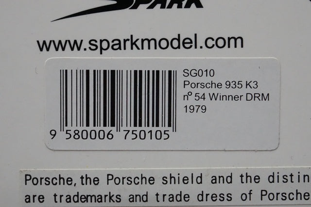 1:43 SPARK SG010 Porsche 935 K3 DRM Winner K.Ludwig 1979 #54 model car