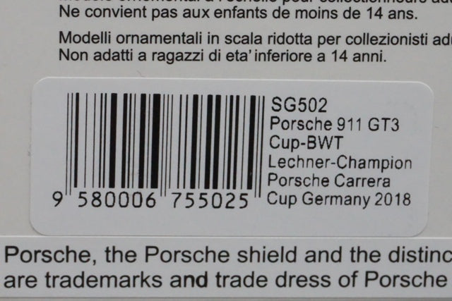 1:43 SPARK SG502 Porsche 911 GT3 Cup BWT Lechner-Champion Porsche Carrera Cup Germany 2018ng Champion 2018 #10